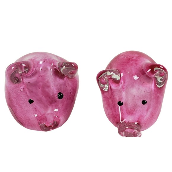 (2) Pig Paperweight w/ Tail Pink Swirl Slag Glass Encased in Clear Murano Style - Picture 1 of 10